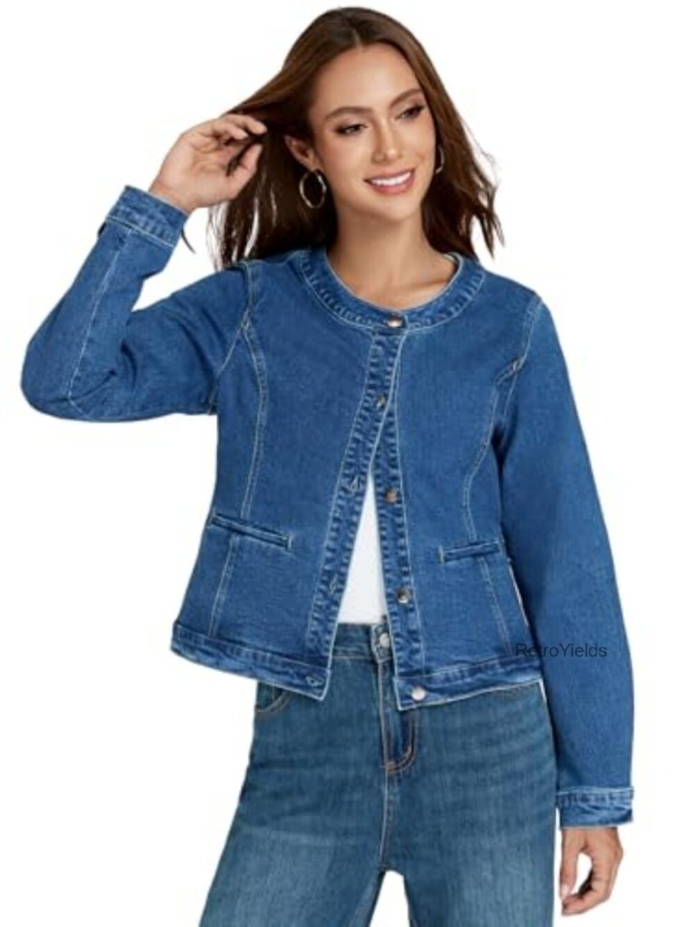 Cropped Denim Jacket for Women Stretch Collarless Jean Jacket Slim Spring